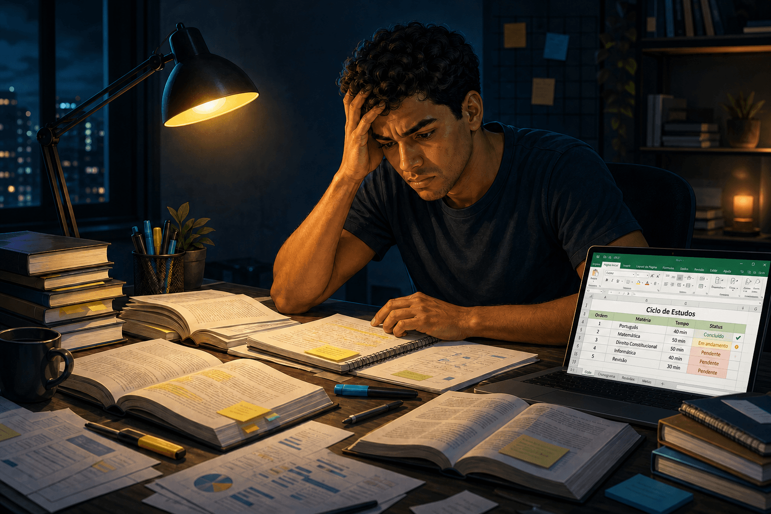 Estudante frustrado diante de livros e um notebook com uma planilha de ciclo de estudos