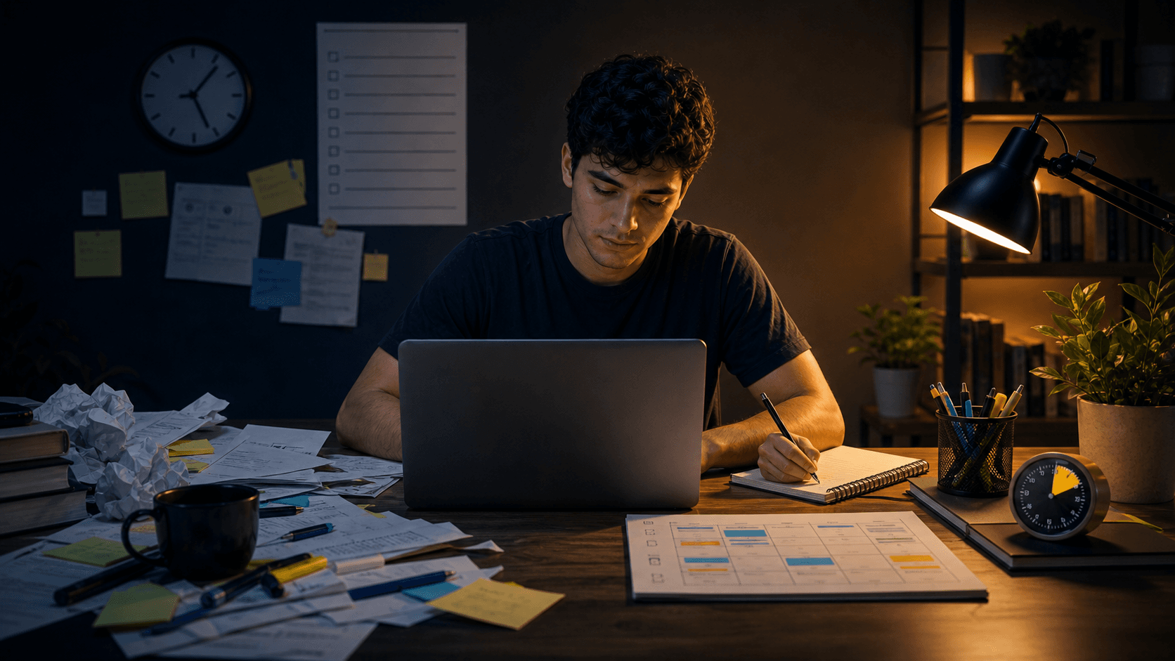 Aluno preocupado diante de uma mesa de estudos desorganizada